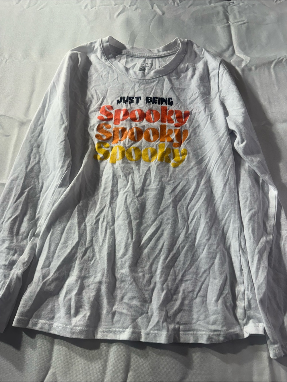 Kids Large Halloween White Long-Sleeve 'Just Being Spooky' Graphic Tee